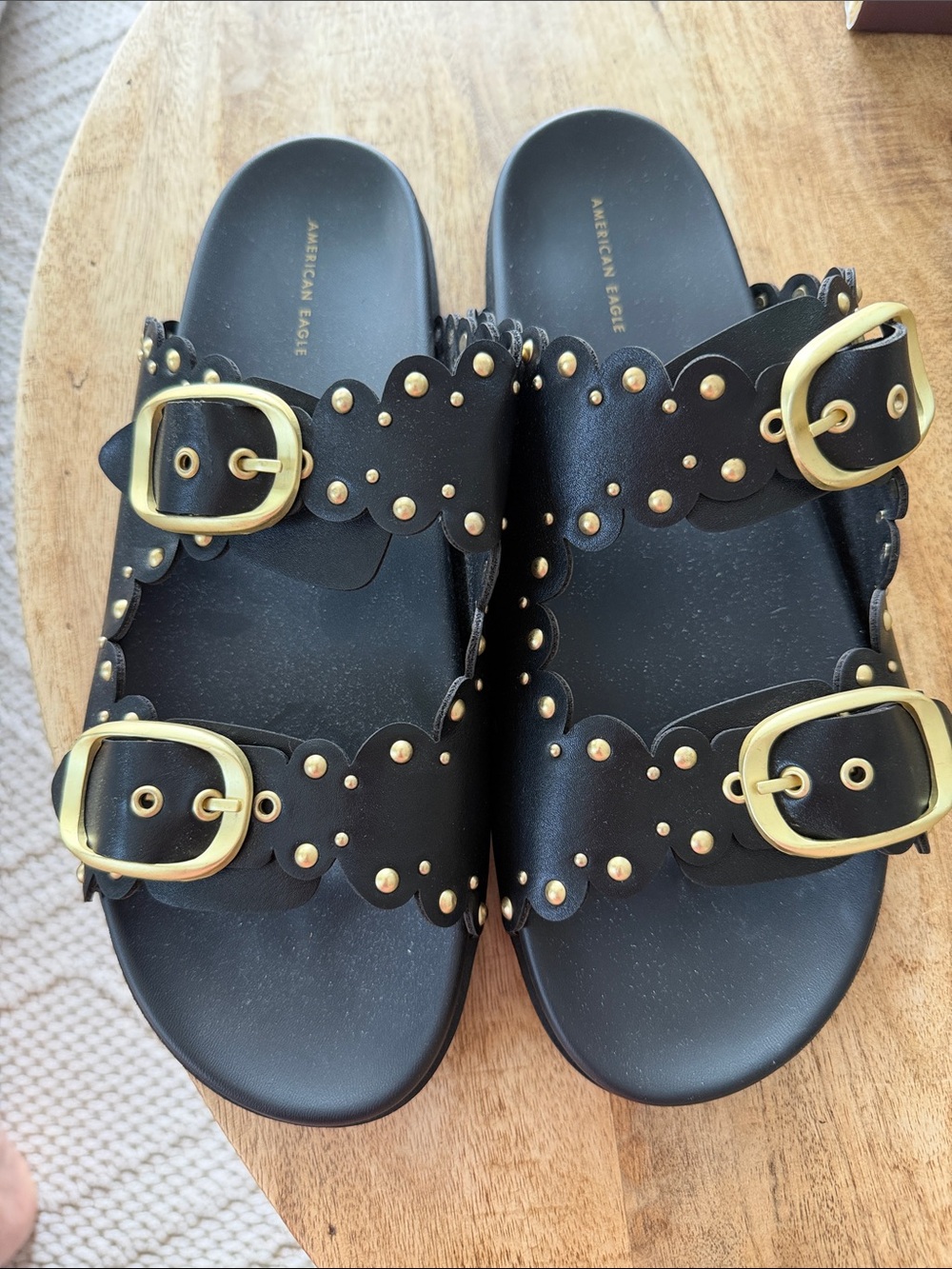 American Eagle Outfitters Black Sandal Slides with Gold Studs & Buckles